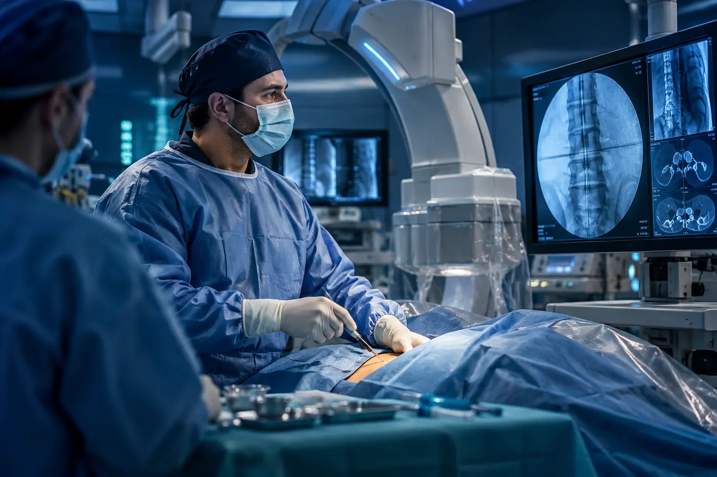 Interventional pain physician performing a minimally invasive spine procedure under fluoroscopy
