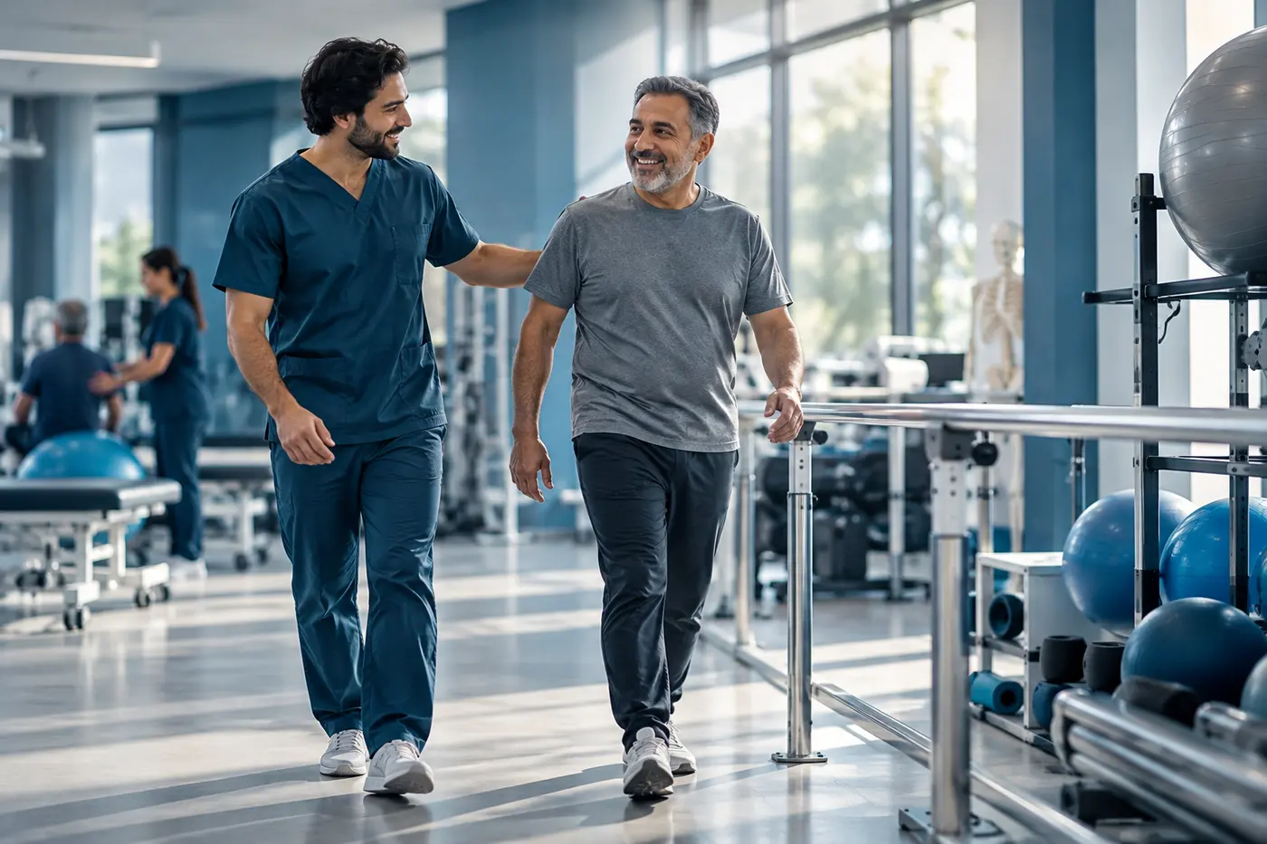 Patient walking freely during rehabilitation with a physiotherapist