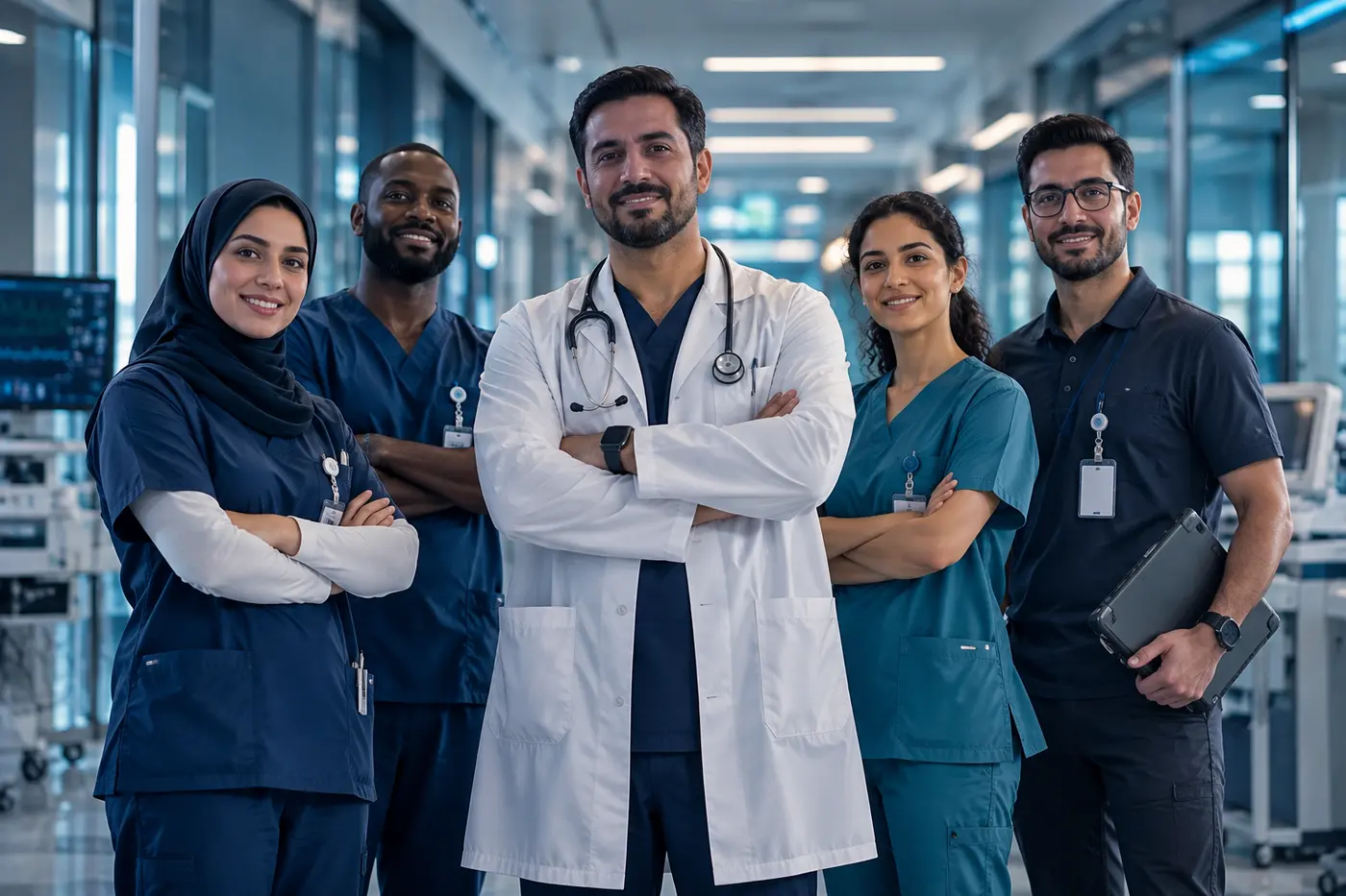 Multidisciplinary medical team of doctors, nurses, and a biomedical engineer